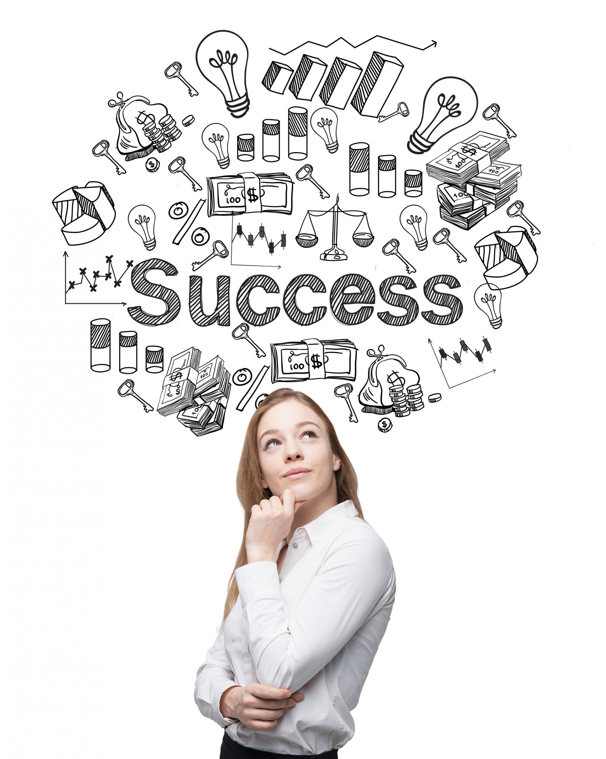 A young woman looking up and standing in front of a conrete wall with many different business icons and the word 'success' drawn on it. Concept of successful business development.